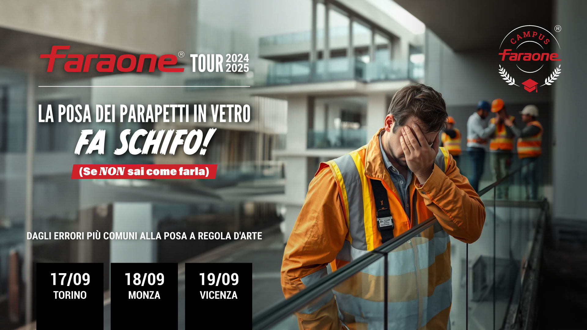 Prossimo seminario formativo del Faraone Tour dedicato alla posa dei parapetti in vetro